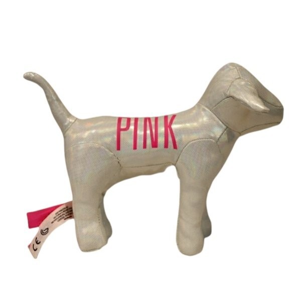 Pink Victoria Secret Dog Plush White Iridescent PINK Logo Dog - Picture 1 of 9